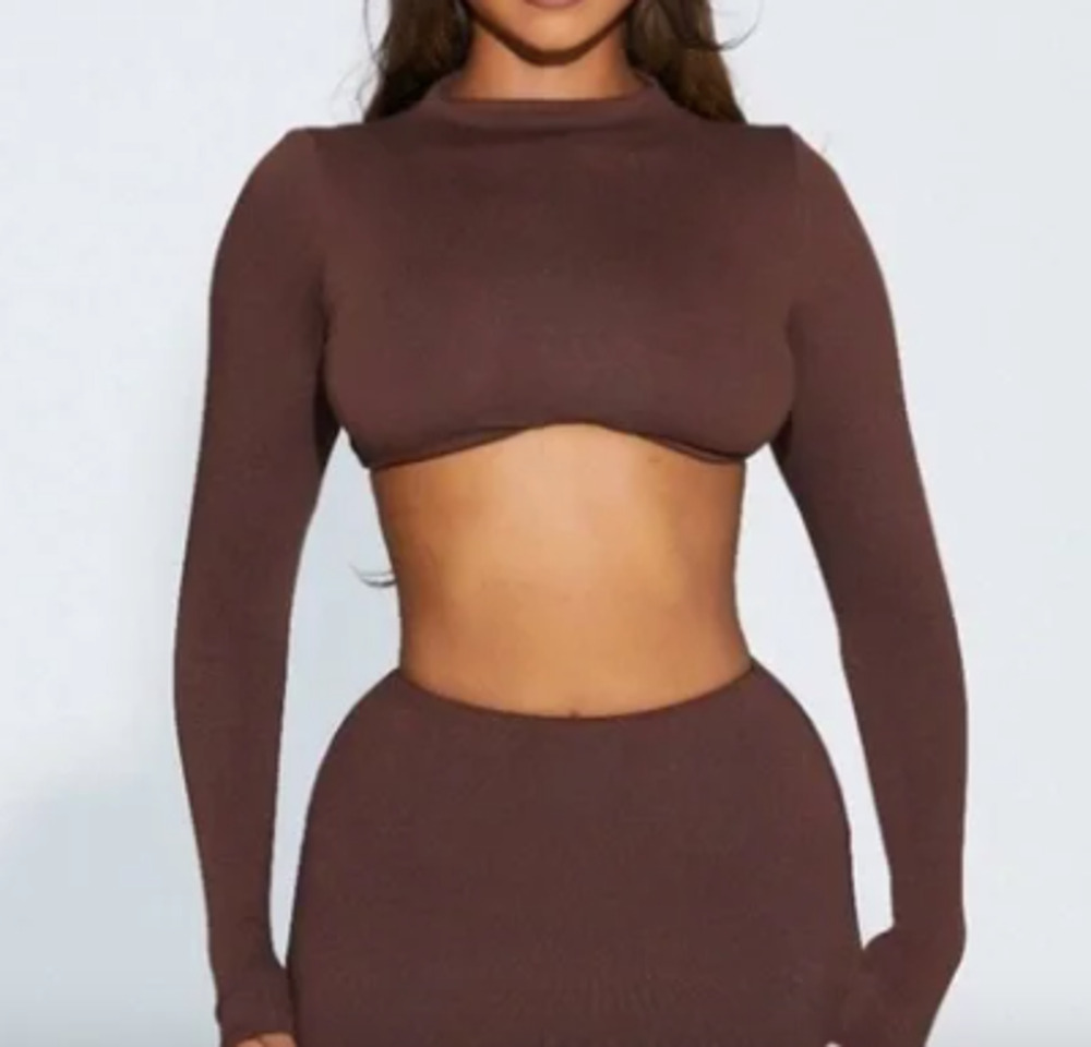 NWT Naked Wardrobe Women's Serve Curves Cropped Top Long Sleeve Brown Size M